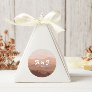 Retro Mountains and Forest Pink Wedding Monogram Classic Round Sticker