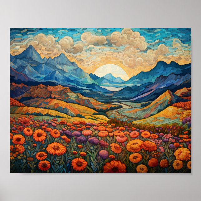Retro Mountains Landscape Illustration Artistic Poster (Front)