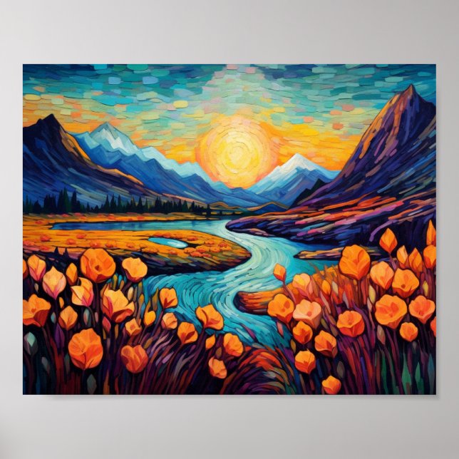 Retro Mountains Landscape Illustration Artistic Poster (Front)