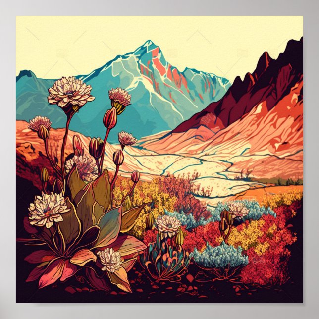 Retro Mountains Landscape Illustration Artistic Poster (Front)