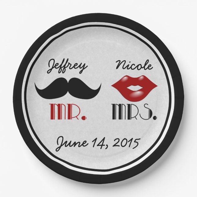 Retro Moustache Custom Wedding Paper Plate (Front)