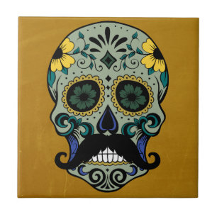 Retro Moustache Day of the Dead Sugar Skull Tile