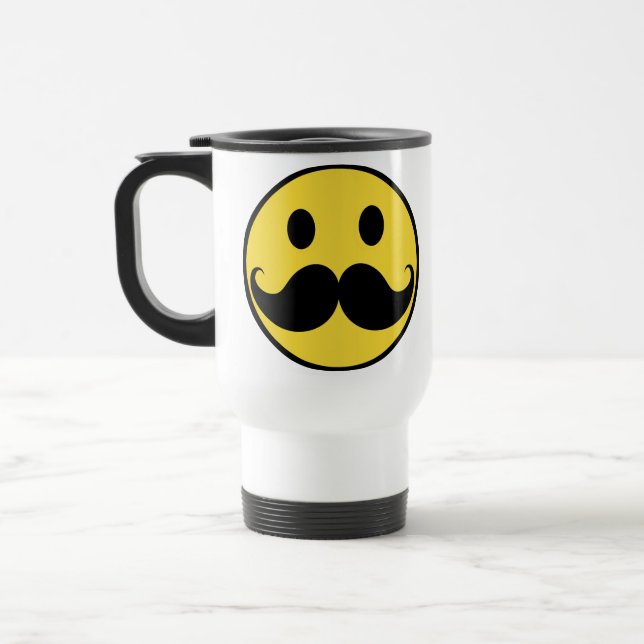 Retro Moustache Yellow Face Travel Mug (Left)