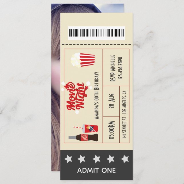 Retro Movie Night Birthday Party Ticket add photo Invitation (Front/Back)