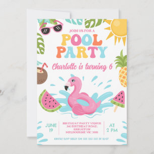 Retro Multicolored Summer Pool Party Birthday Invitation