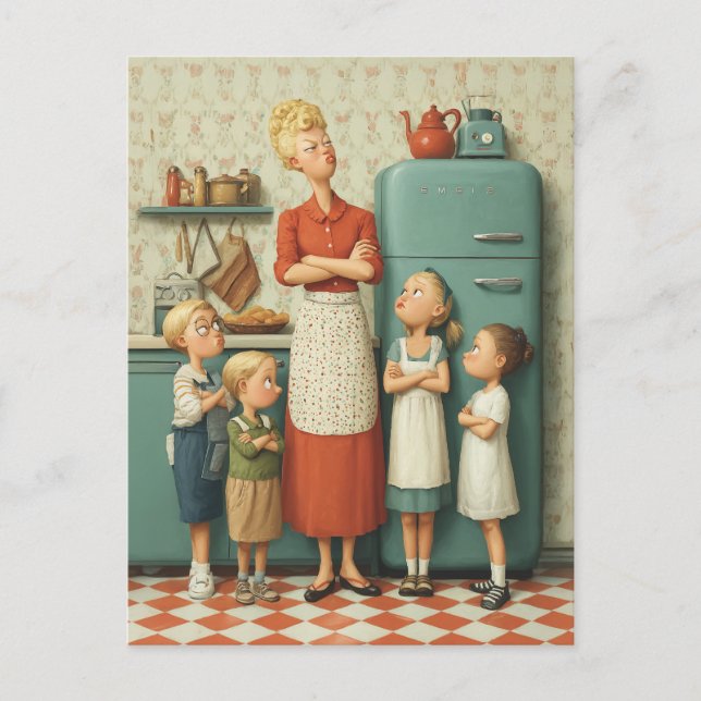 Retro Mum and Kids Standoff Postcard (Front)