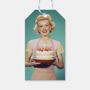 Retro Mum Holding a Celebration Cake Gift Tags