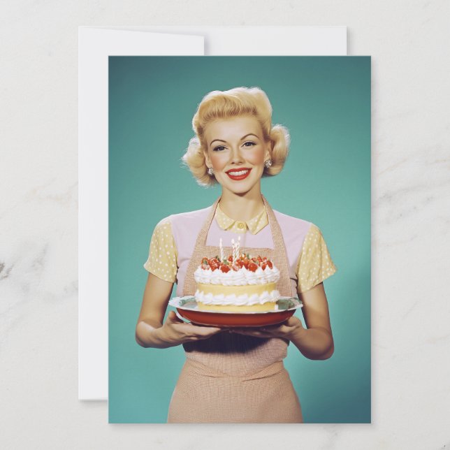 Retro Mum Holding a Celebration Cake Invitation (Front)