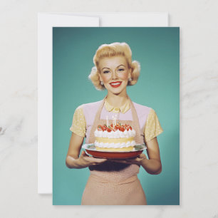 Retro Mum Holding a Celebration Cake Invitation