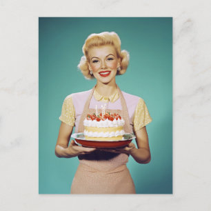 Retro Mum Holding a Celebration Cake Postcard