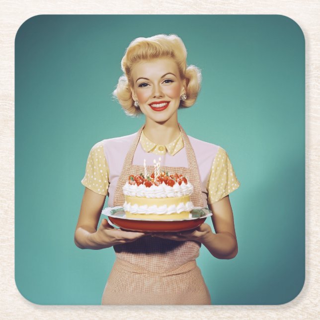 Retro Mum Holding a Celebration Cake Square Paper Coaster (Front)