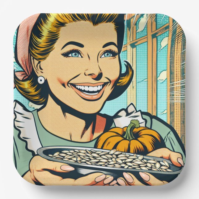 Retro Mum holding Plate of Halloween Pumpkin Seeds (Front)