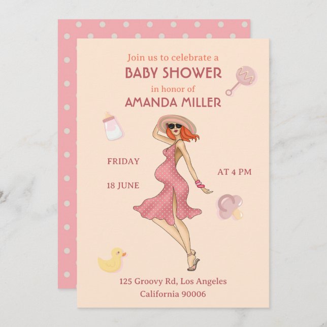 Retro Mummy Redhead 2 Baby Shower Party Invitation (Front/Back)