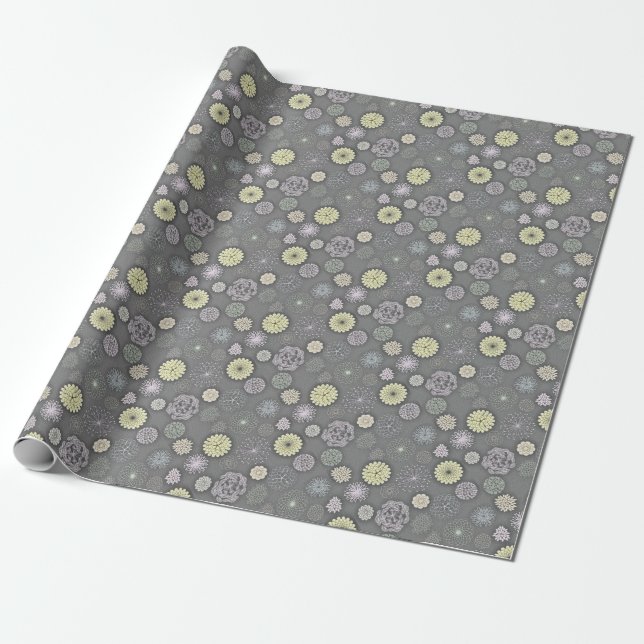 Retro Mums and Daisies on Grey Wrapping Paper (Unrolled)
