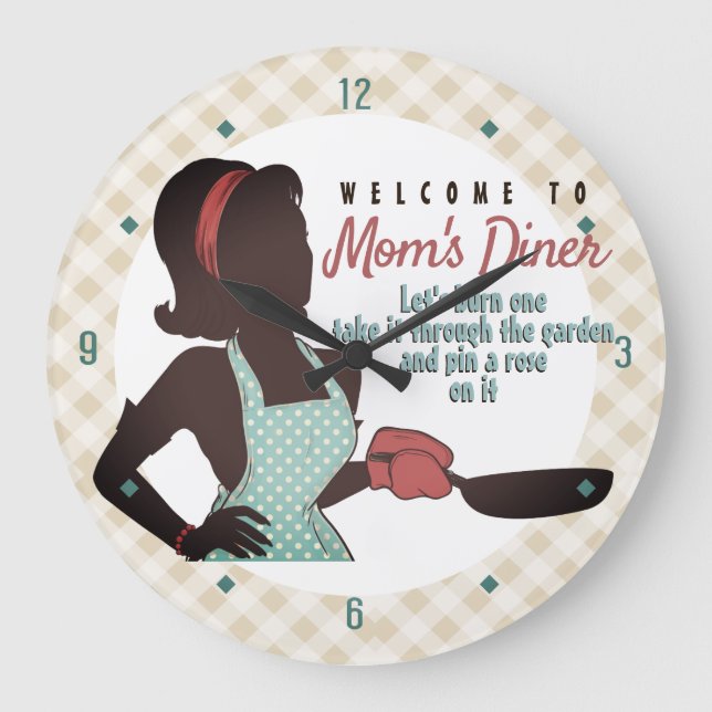 Retro Mum's Diner lingo frying pan kitchen clock (Front)