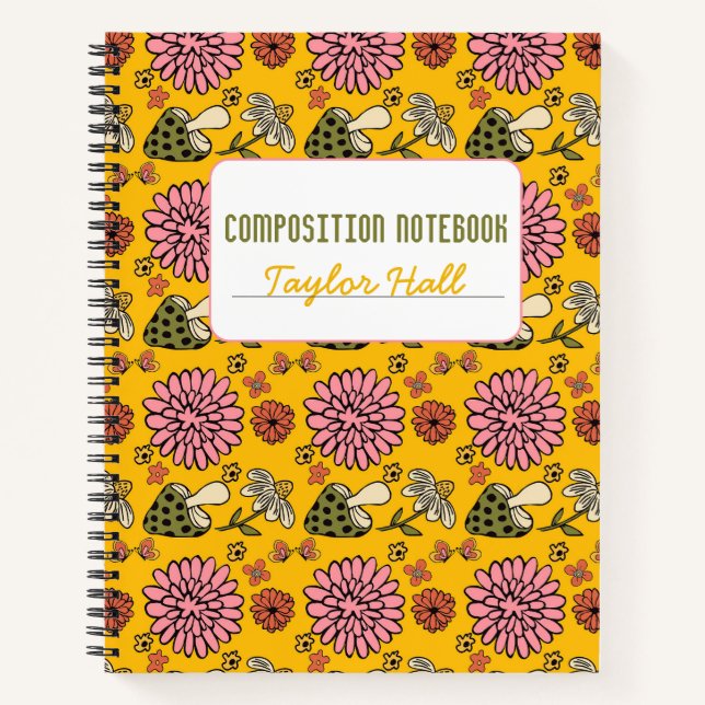 Retro Mushroom Floral Yellow Personalised Notebook (Front)