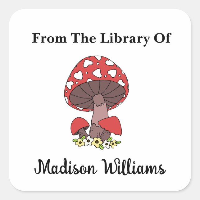 Retro Mushroom with Hearts Custom Book Label (Front)