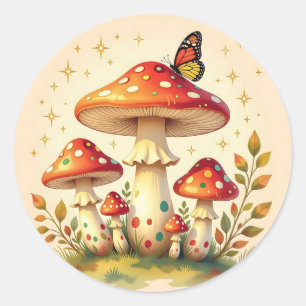 Retro Mushrooms and Butterfly   Vintage Colors Classic Round Sticker