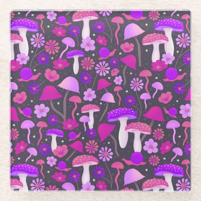 Retro Mushrooms Trippy Pink, Purple & Black Glass Coaster (Front)