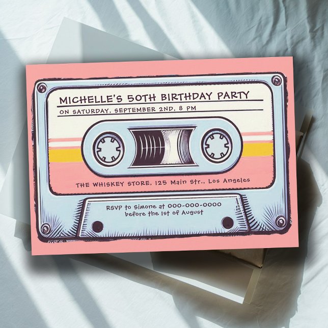Retro Music 80 Cassette Tape Mix Fun 50th Birthday Invitation (cassette mixtape 80s nostalgia 50th birthday party women vintage retro 70s 60s fun music lover pink )