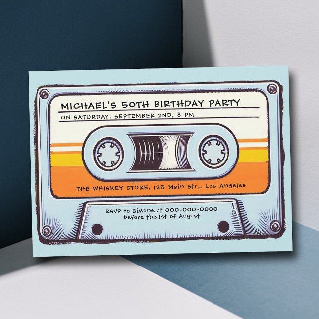 Retro Music 80s Audio Cassette Men 50th Birthday Invitation (cassette mixtape 80s nostalgia 50th birthday party men vintage retro 70s 60s fun music blue orange)