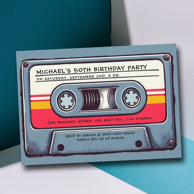 Retro Music 80s Cassette Mixtape Men 50th Birthday Invitation (cassette mixtape 80s nostalgia 50th birthday party men vintage retro 70s 60s fun music steel grey)