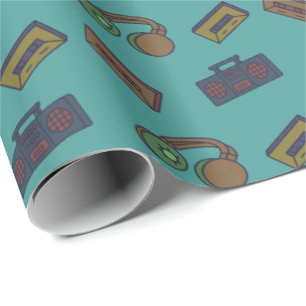 Retro Music Audio Collage Teal Wrapping Paper
