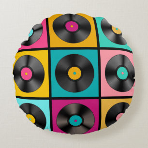 Retro Music Background with Vinyl Records - vintag Round Cushion