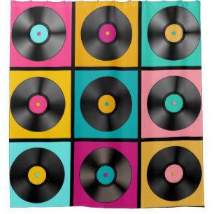 Retro Music Background with Vinyl Records - vintag Shower Curtain