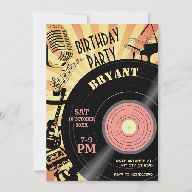 Retro Music Birthday vintage  Invitation (Front)