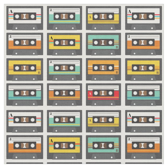 Retro Music Cassette Mix Tape Pattern Fabric (Close Up)