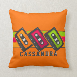 Retro Music Cassette Tape Vintage 80s Name Orange Cushion