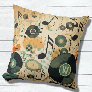 Retro Music Lover's Vinyl Music Notes Monogram Cushion