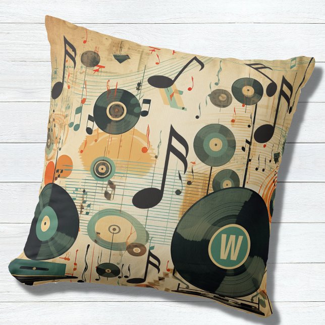 Retro Music Lover's Vinyl Music Notes Monogram Cushion (Creator Uploaded)