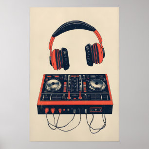 Retro Music Poster DJ Mixer and Headphones Print