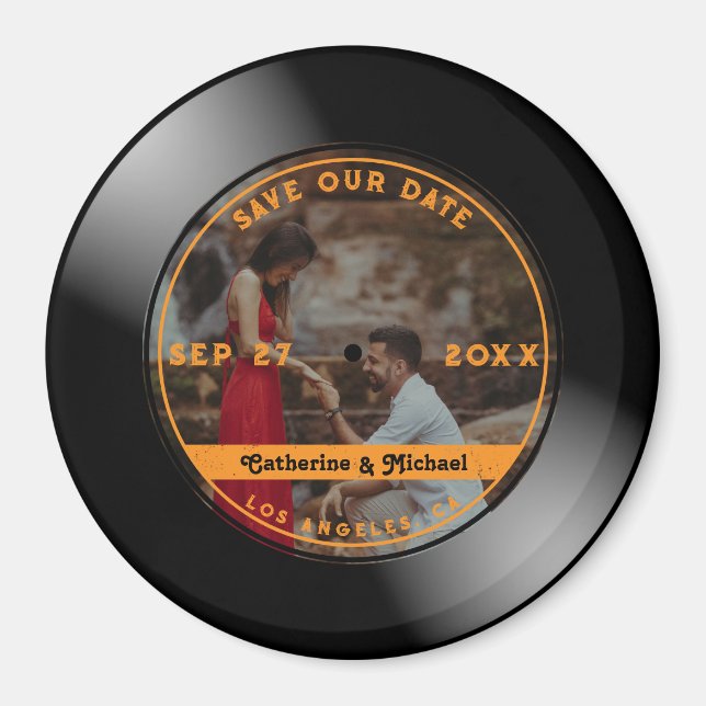 Retro Music Vinyl Record Photo Wedding Round  Magnet (Front)