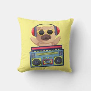 RETRO MUSICAL PUG AND CASSETTE PLAYER  CUSHION