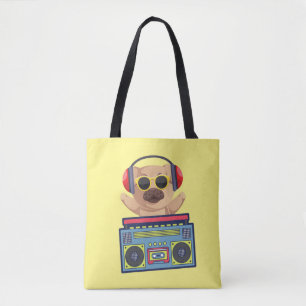 RETRO MUSICAL PUG AND CASSETTE PLAYER TOTE BAG