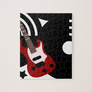 Retro Musical Rock Red Stars Guitar Jigsaw Puzzle