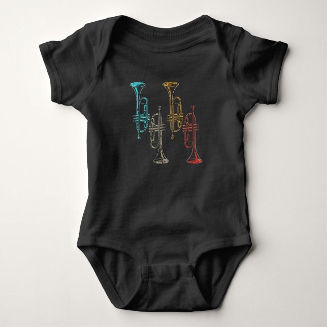 Retro Musical Wind Instrument Trumpet Player Baby Bodysuit (Front)