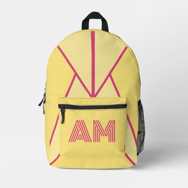 Retro Mustard and Pink Minimalist Monogram  Printed Backpack (Front)