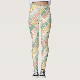 Retro Mustard Geometric Diamond Plaid Dot Leggings