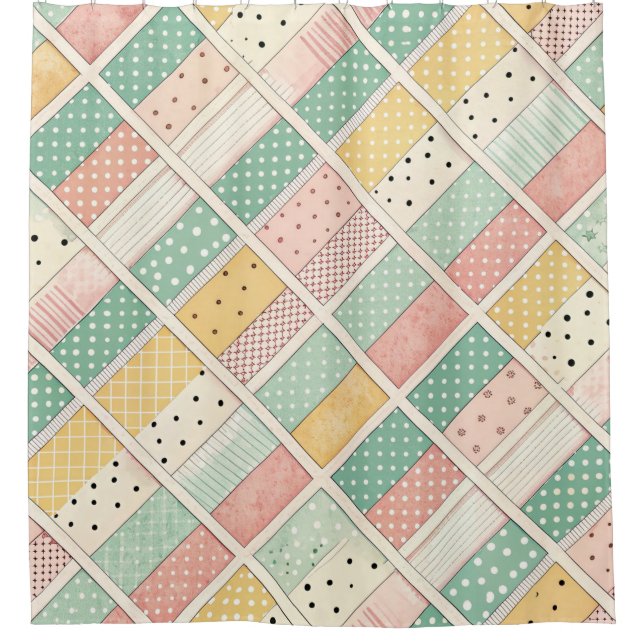 Retro Mustard Geometric Diamond Plaid Dot Shower Curtain (Front)
