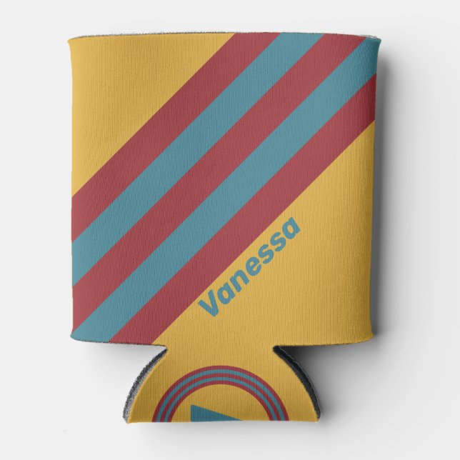 Retro Mustard Seed Stripes with Name Can Cooler (Front)