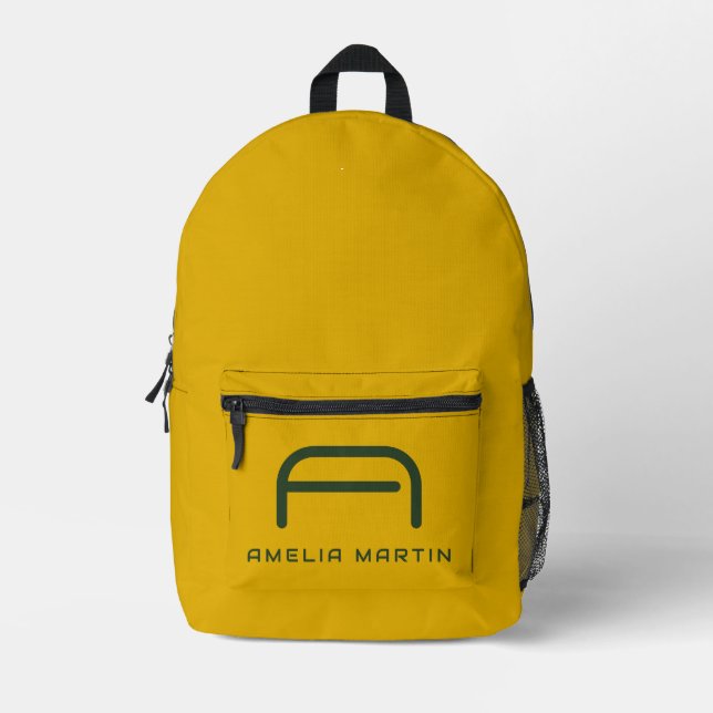 Retro Mustard Yellow and Forest Green Monogram Printed Backpack (Front)