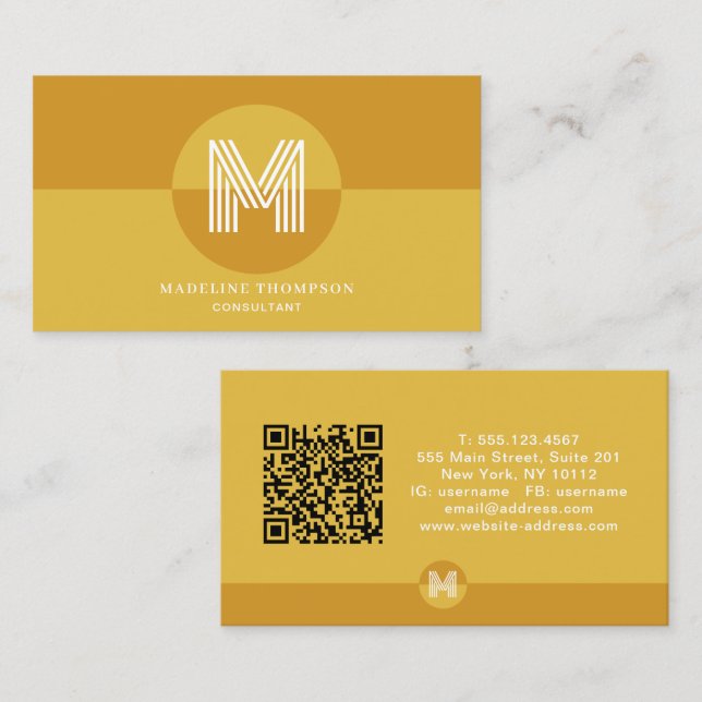 Retro Mustard Yellow Geometric Monogram QR Code Business Card (Front/Back)