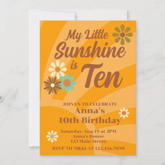 Retro My Little Sunshine daisy 10th birthday Invitation (Front)