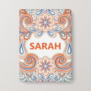 Retro name button with orange swirls