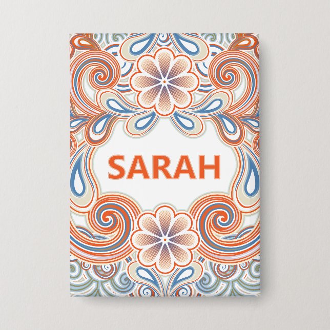 Retro name button with orange swirls (Front)