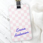 Retro name light pink white chequerboard pattern luggage tag<br><div class="desc">Luggage tag featuring your name in blue a blue,  retro style font over a pale pink and white chequerboard pattern.</div>